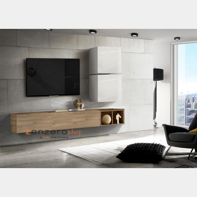 Parete soggiorno moderna, Rovere stelvio, miele e cubi bianchi lucidi