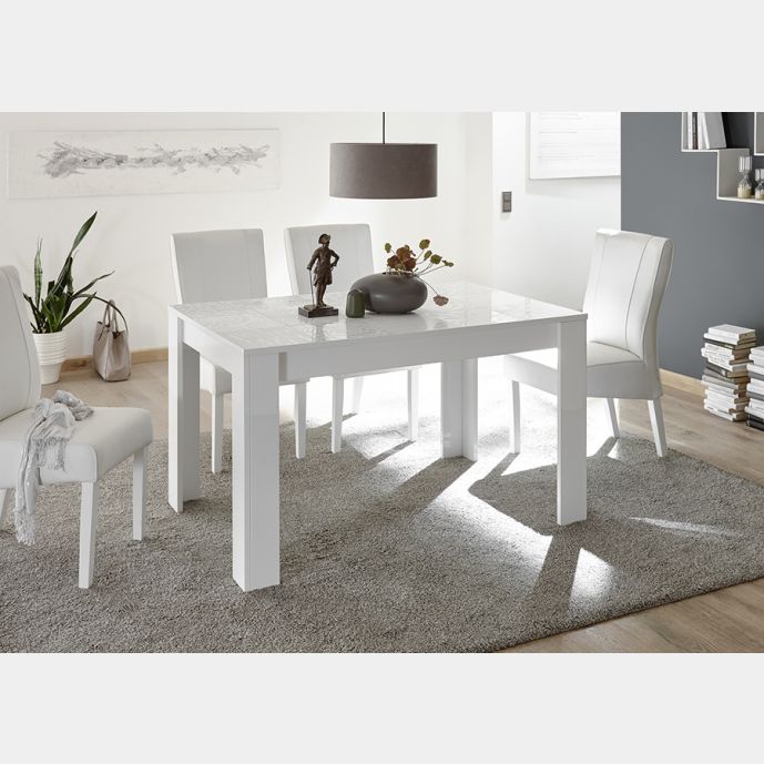 Tavolo, 6 posti a sedere, bianco laccato lucido serigrafato
