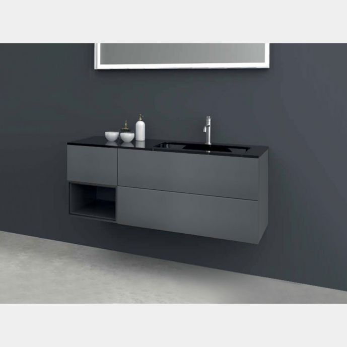 Mobile bagno sospeso 3 cassetti, lavabo integrato, finitura Grigio basalto e Cristallo nero lucido