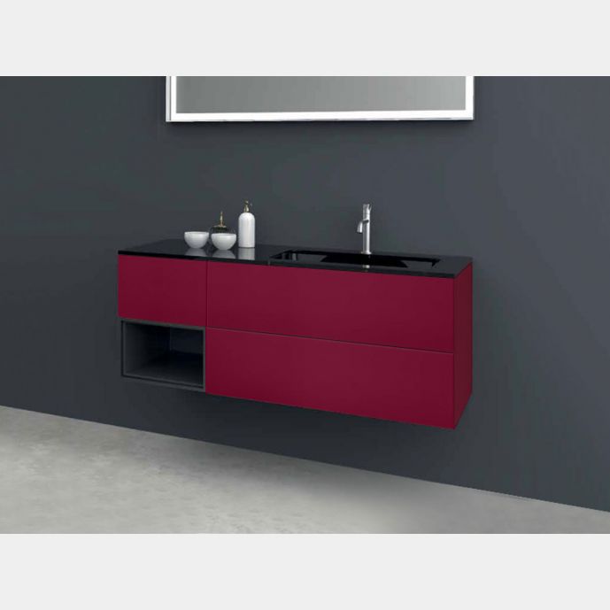 Mobile bagno sospeso 3 cassetti, lavabo integrato, finitura Rosso vino e Cristallo nero lucido