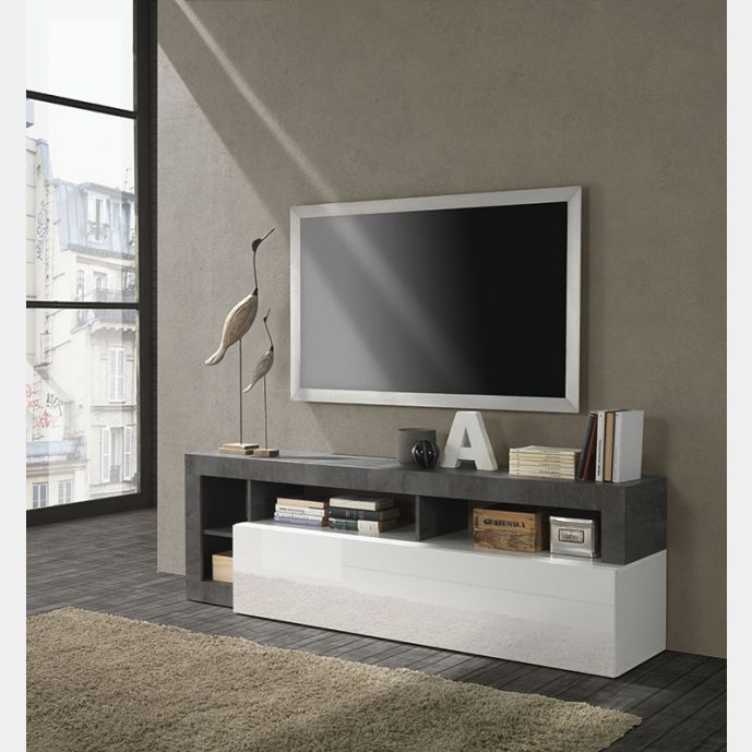 Porta Tv moderno in finitura bianco laccato lucido e ossido