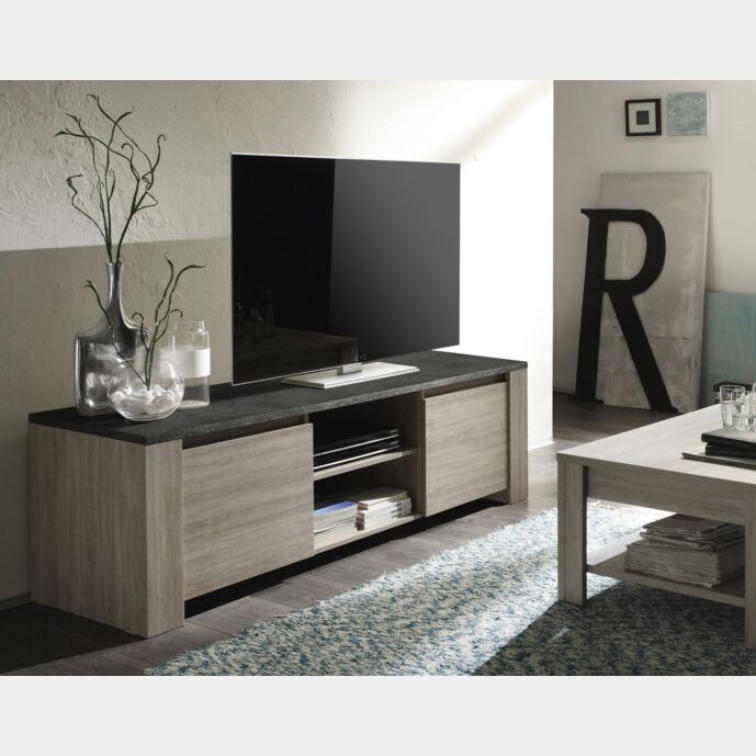 Porta TV moderno 2 ante e vani a giorno, finitura Rovere Grigio con Top effetto Marmo