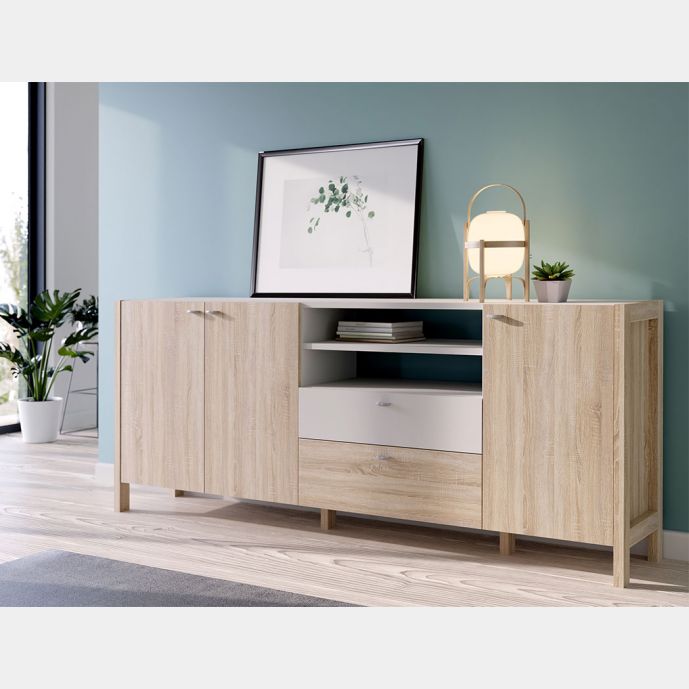 Mobile credenza con 3 ante, 2 cassetti e vano a giorno, Rovere sonoma e Bianco