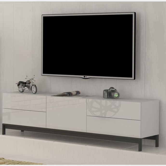 Porta TV di design, 4 cassetti 1 anta in finitura bianco lucido