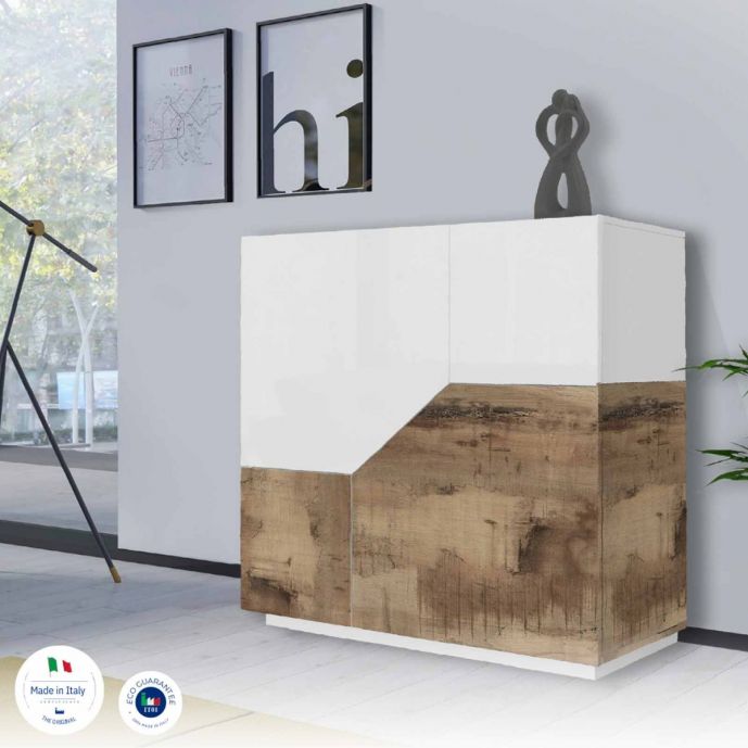 Innovativa Credenza geometrica alta 2 ante, colore Bianco lucido e Pero 