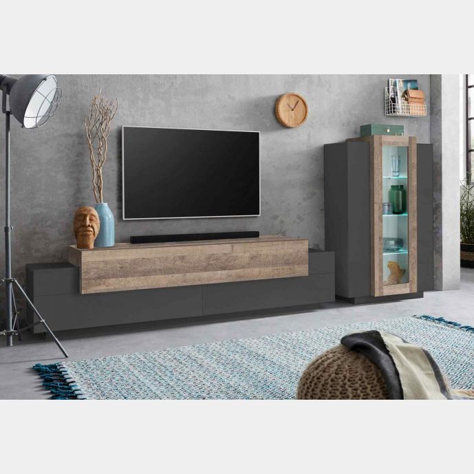 Soggiorno moderno con vetrina e porta tv in finitura Antracite e Oak