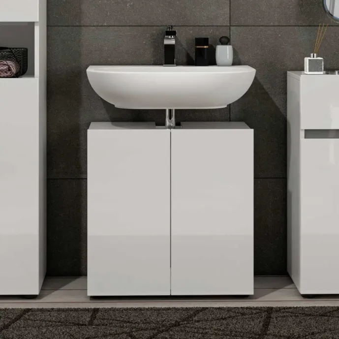 Mobile da bagno moderno basso con 2 ante, Bianco lucido 