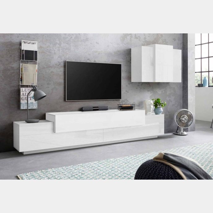 Mobile Porta TV moderno L.240 cm con pensile sospeso in finitura Bianco