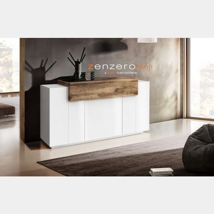 Offerta credenza moderna 3 ante, 1 ribalta in Bianco lucido e Pero