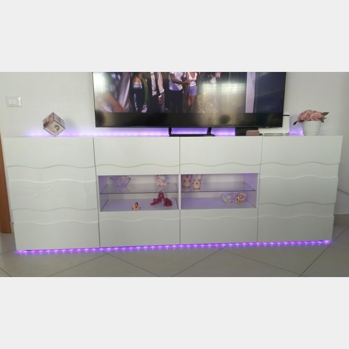 Conveniente e spaziosa Credenza Madia onda a 2 ante 4 cassetti, finitura bianco lucido