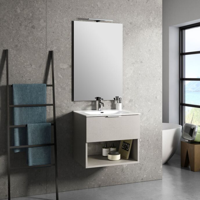 Mobile da bagno sospeso con lavabo in ceramica, colore Avana Effetto Pietra