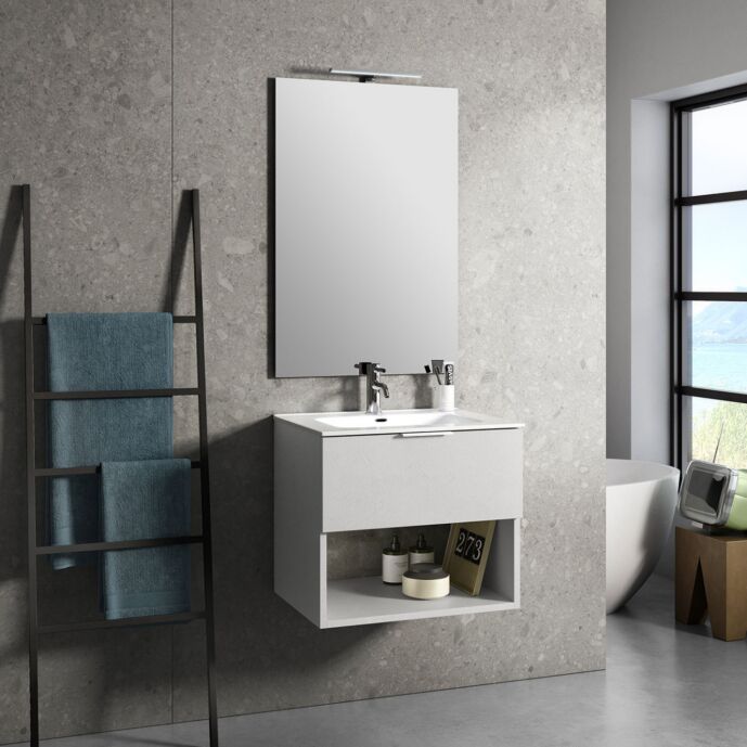 Mobile da bagno sospeso con lavabo in ceramica, colore Bianco effetto pietra