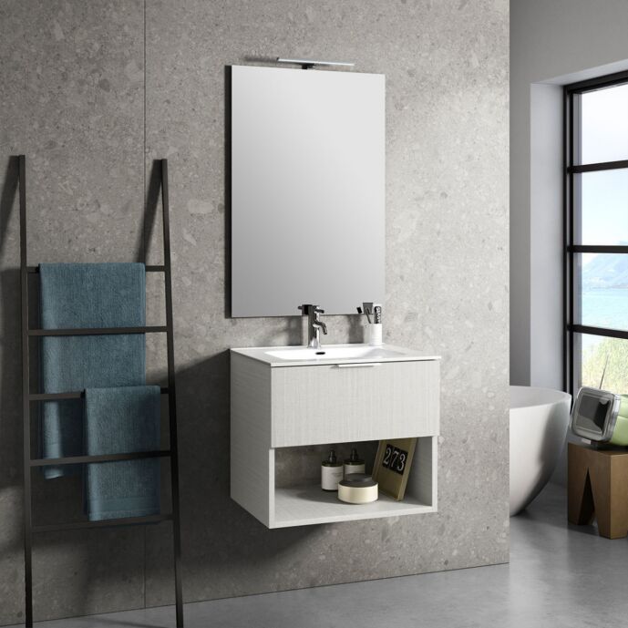 Mobile da bagno sospeso con lavabo in ceramica, colore Bianco london king