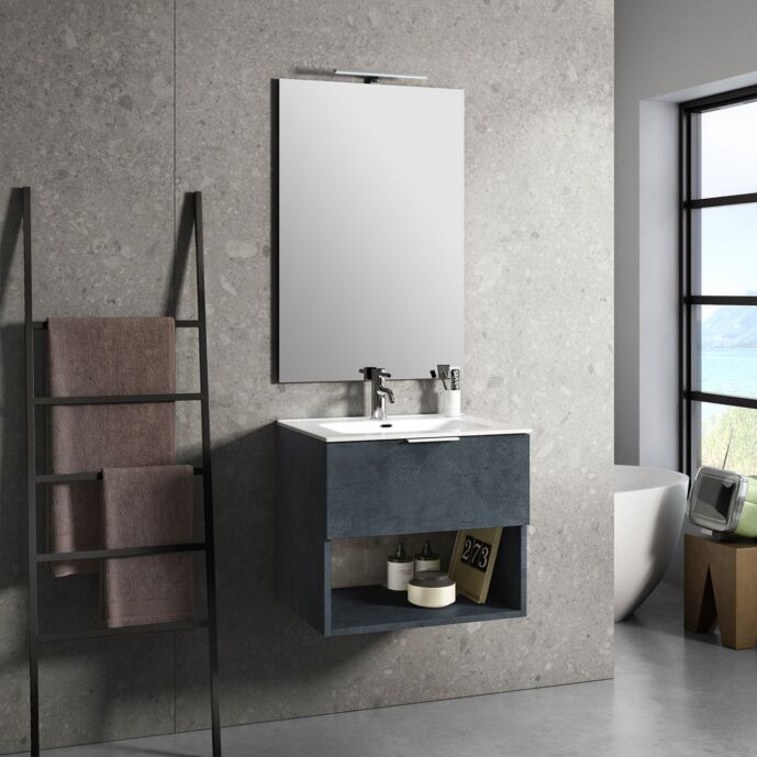 Mobile da bagno sospeso con lavabo in ceramica, colore Blu effetto pietra