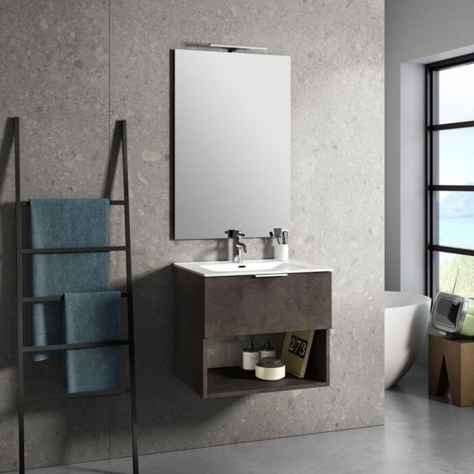 Mobile da bagno sospeso con lavabo in ceramica, colore Marrone effetto pietra