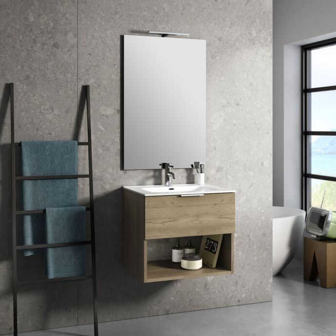 Mobile da bagno sospeso con lavabo in ceramica, finitura Rovere Miele