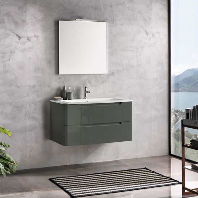 Mobile bagno moderno, 2 cassetti con maniglia a gola, finitura Grigio Lucido