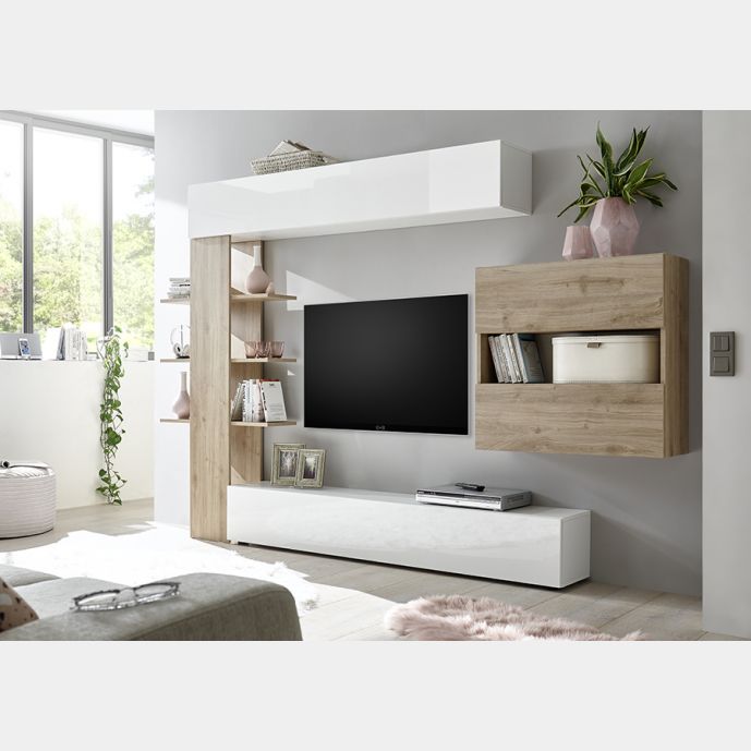Parete attrezzata soggiorno moderna soggiorno con libreria Bianco Laccato Lucido e Rovere Cadiz