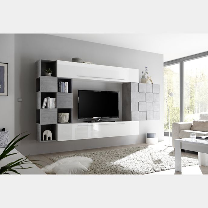 Pareti design moderno, arredamento pareti attrezzate bianco lucido e beton con pensile Miss