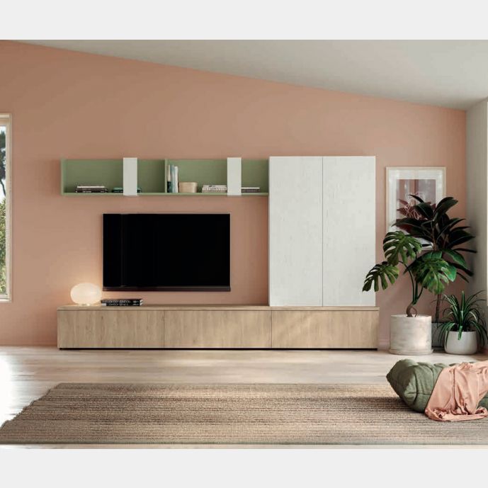 Parete moderna soggiorno, finitura Rovere bianco, Rovere oak e Oliva