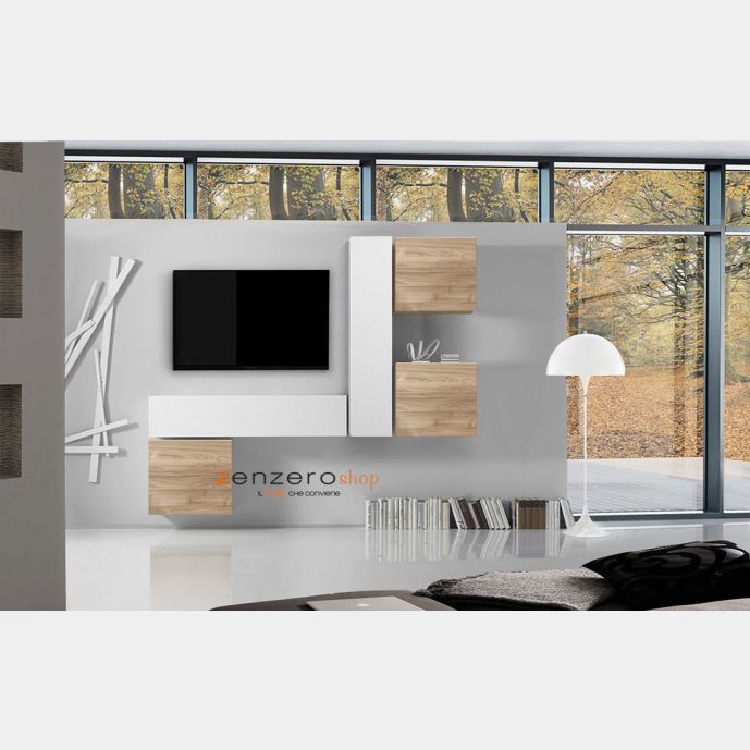 Parete attrezzata moderna di design, rovere stelvio e bianco lucido - 255x200 cm