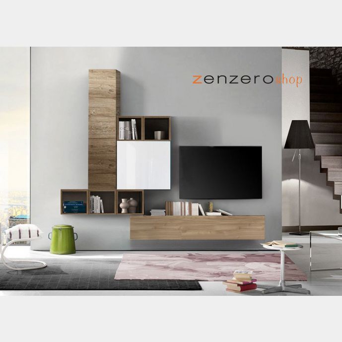Soggiorno Zenzero, parete attrezzata moderna di design bianco lucido, cadiz e miele