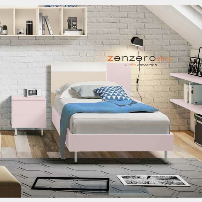 Letto una piazza e mezza POP 01, finitura Rosa confetto, Bianco Opaco e Orzo