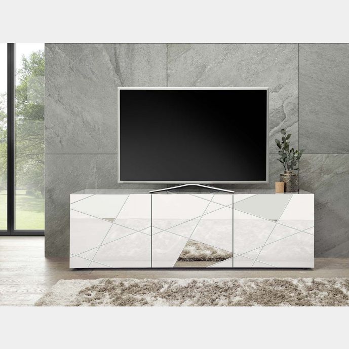 Mobile porta tv  serigrafato con 3 ante e specchi in finitura Bianco lucido