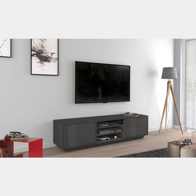 Porta tv di design in finitura laccato antracite con due ante e due mensole in vetro