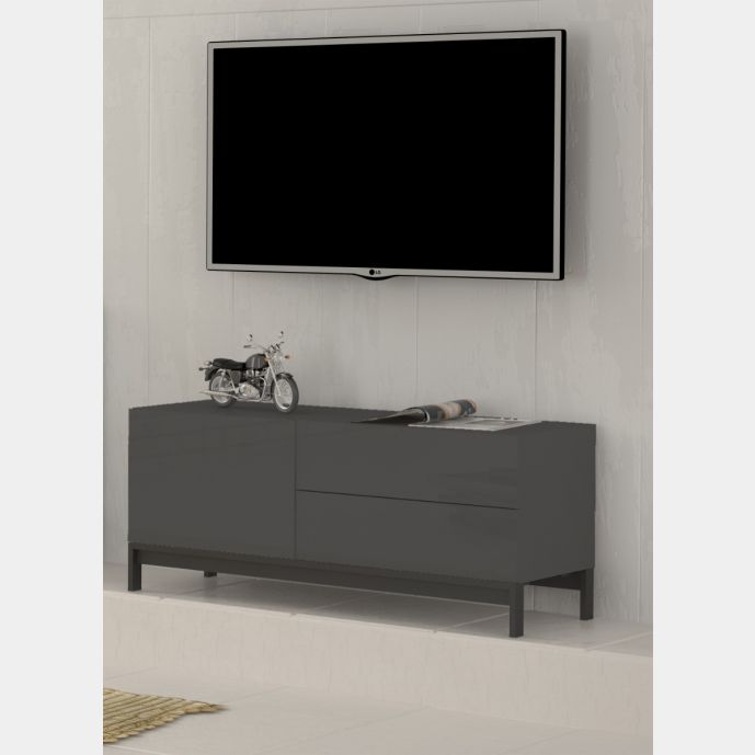 Porta TV di design, 2 cassetti 1 anta in finitura antracite lucido