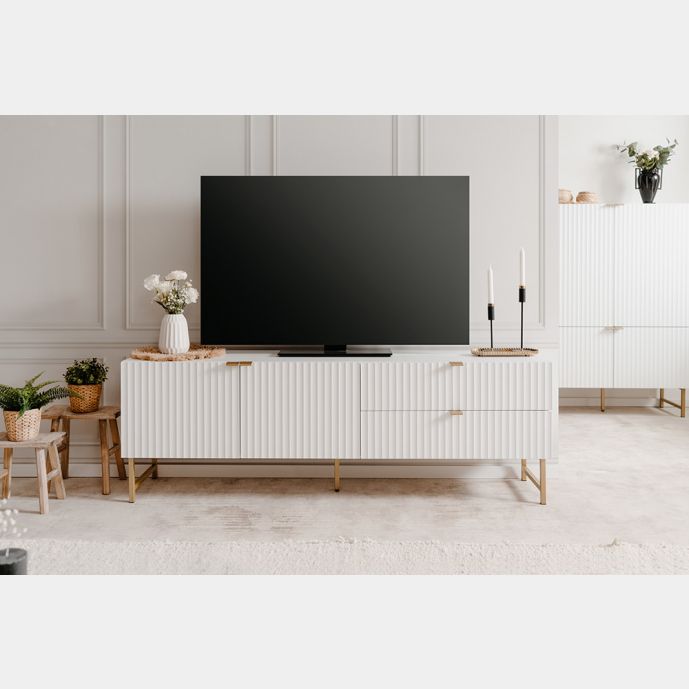 Porta TV bianco opaco stile nordico con gambe dorate