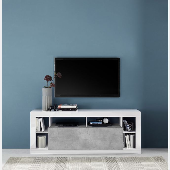 Conveniente Porta TV moderno 1 ribalta, colore Bianco lucido e Cemento