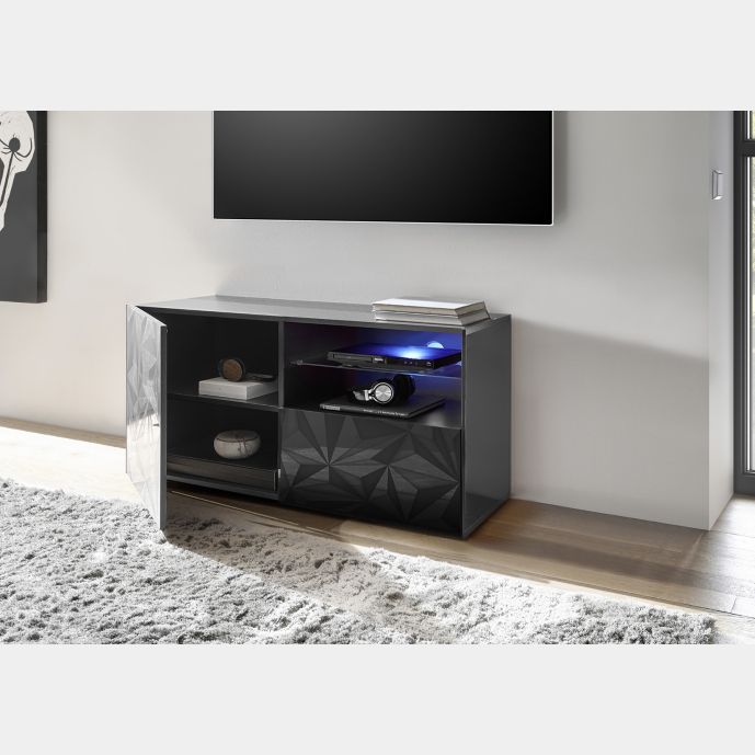 Base porta TV, 1 ante 1 cassetto, grigio laccato lucido con serigrafia prismatica