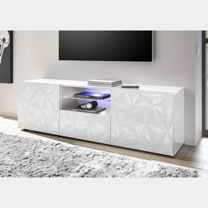 Base porta TV, 2 ante 1 cassetto, bianco laccato lucido con serigrafia prismatica