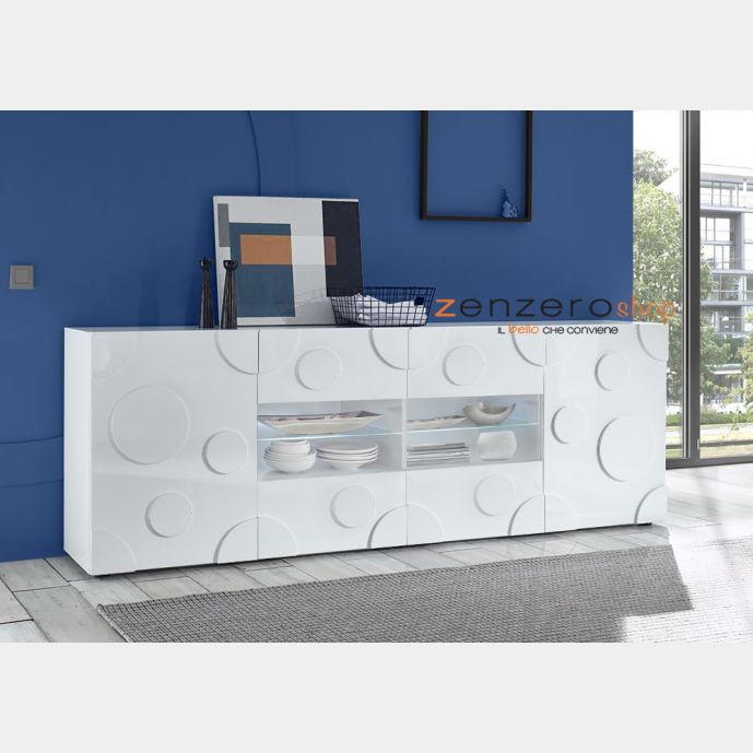 Madia Cerchio a 2 ante 4 cassetti, finitura bianco lucido, design moderno