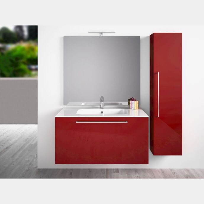 Mobile da bagno sospeso con colonna, Rosso Lucido Antigraffio