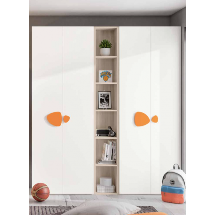 Armadi battenti con libreria 5 ripiani, finitura Bianco, Olmo natura e Arancio 