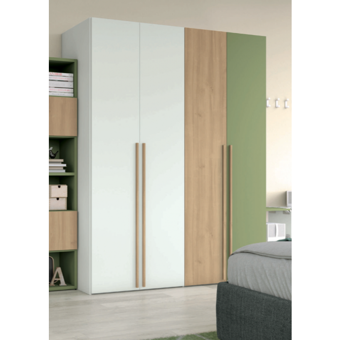 Armadio moderno con 4 ante battenti in finitura Bianco opaco, Rovere Oak e oliva