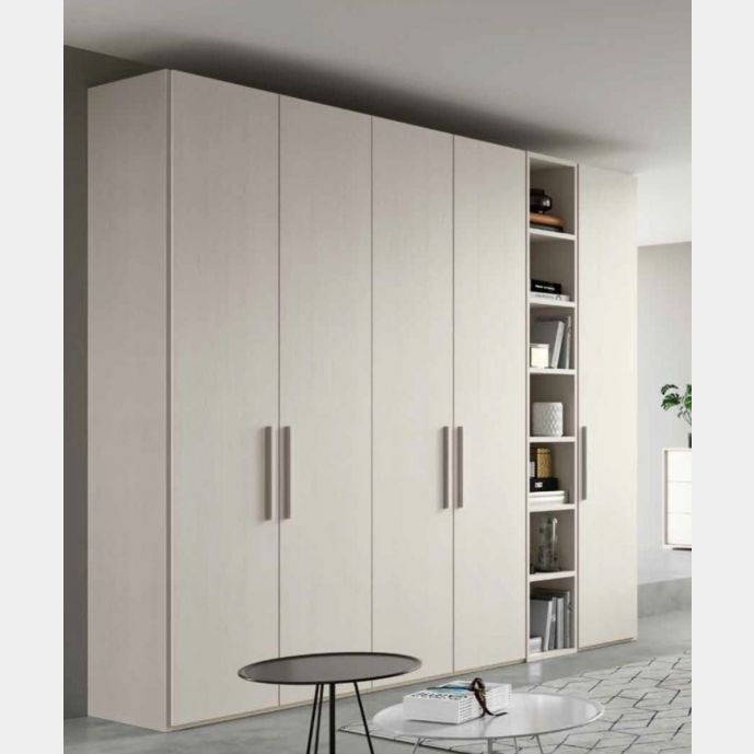 Armadio moderno con libreria, finitura larice bianco, Made in Italy