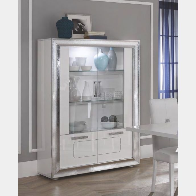 Vetrina 4 ante bianca lucida con cornice argento, Made in Italy