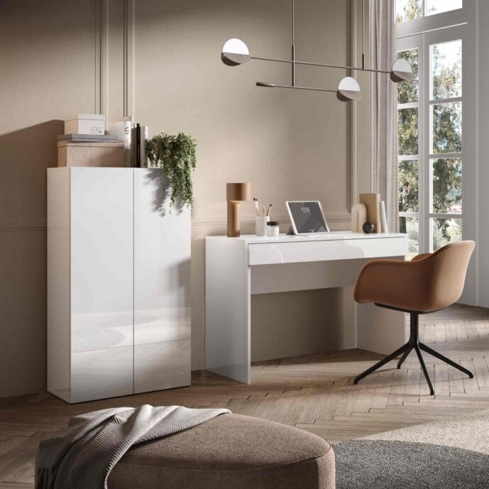 Ufficio moderno composto da una madia, 2 armadietti e una scrivania, finitura Bianco lucido