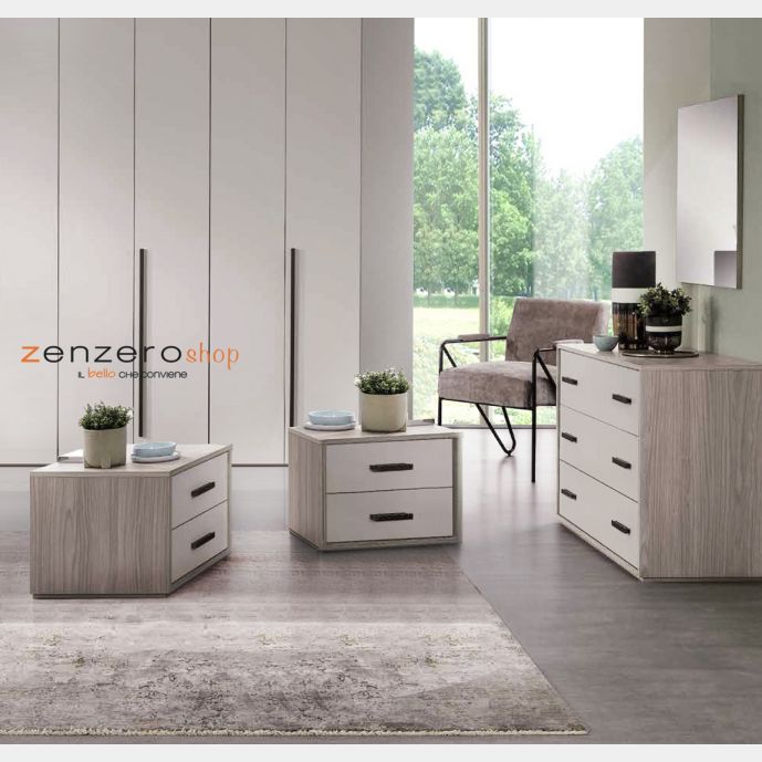 Set moderno composto da comodini e comò, finitura grigio resina chiaro e tortora chiaro, Made in Italy