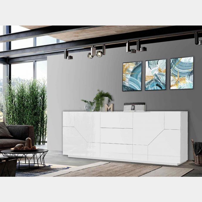 Credenza geometrica moderna e di design 4 ante e 3 cassetti, Bianco laccato lucido 