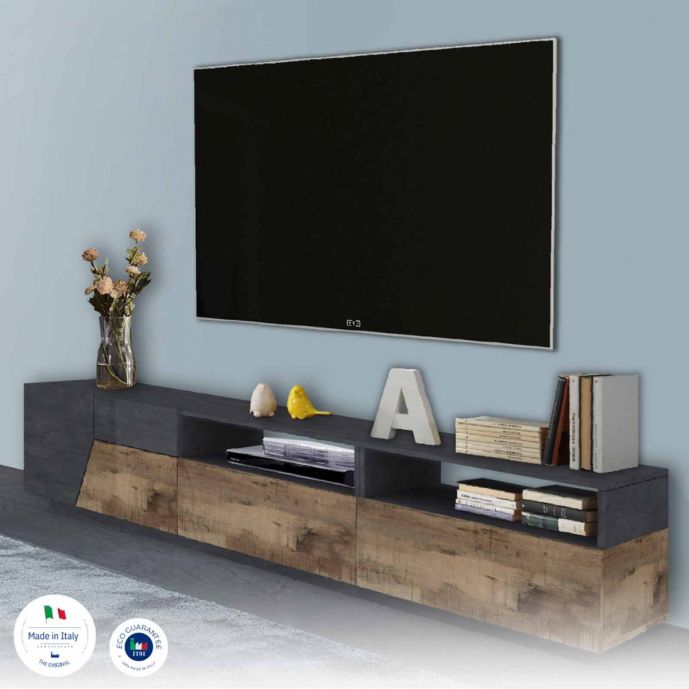 Porta TV dal design geometrico larghezza 200 cm, Pero e Ardesia