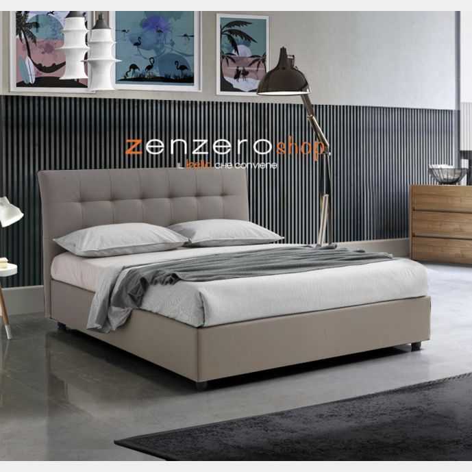 Letto matrimoniale con contenitore, ecopelle color Piuma Tortora scuro