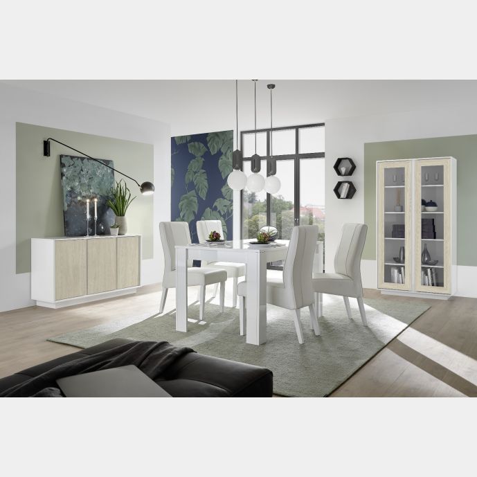 Offerta soggiorno Luminosa con vetrina, madia e tavolo in Bianco lucido e Olmo