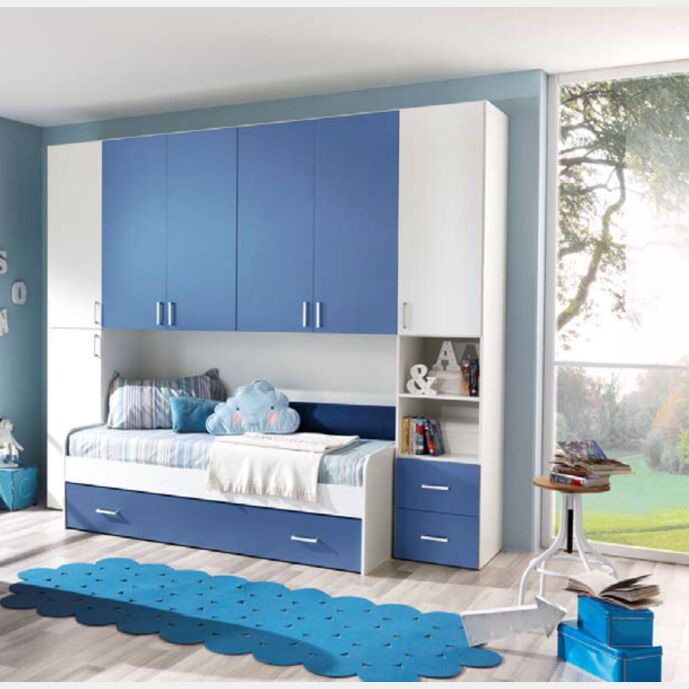 Cameretta a ponte con cassetti in finitura bianco frassinato e blu
