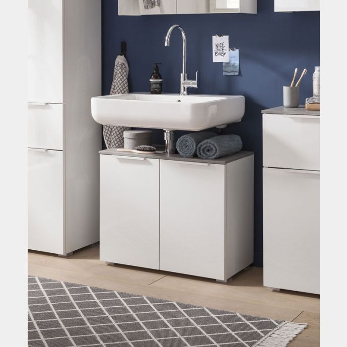 Mobili x il bagno a 2 ante, finitura Bianco Laccato e top Grigio Cemento