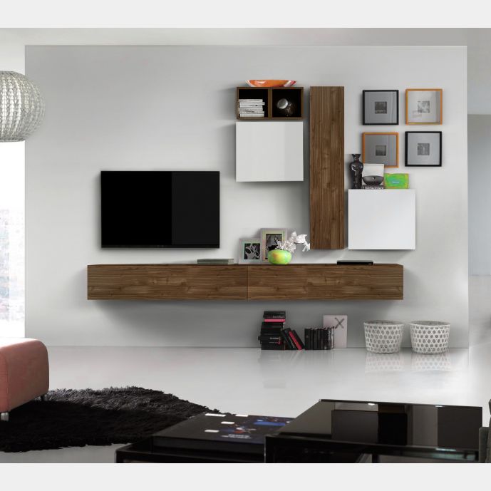 Soggiorno Zenzero, parete attrezzata, moderna e di design, Noce Dark e Bianco lucido