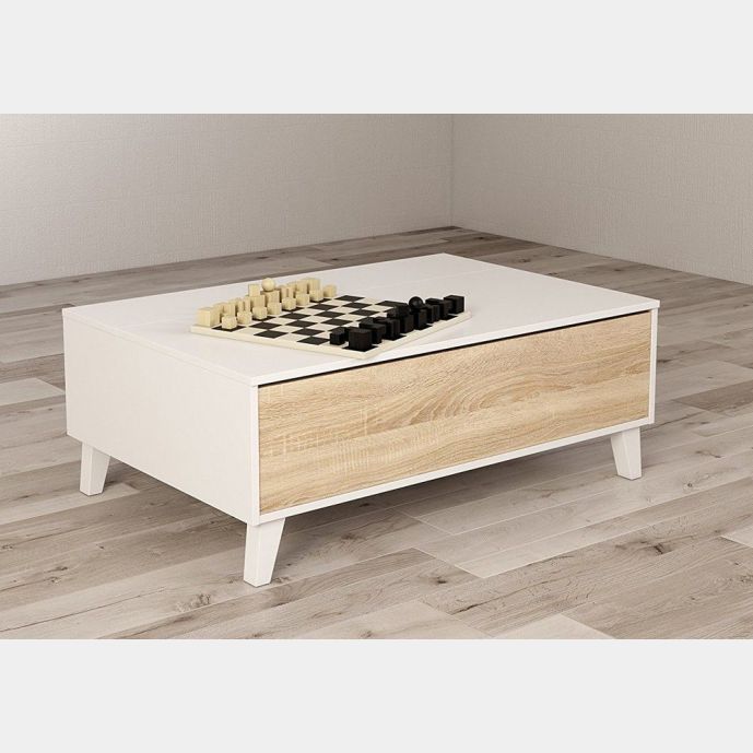 Tavolino moderno da salotto, colore bianco lucido e rovere canadian